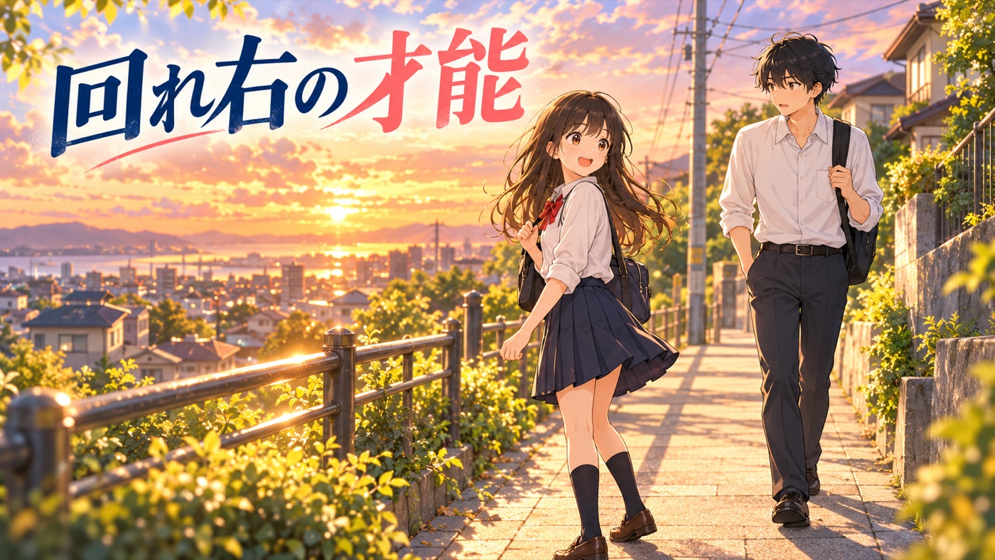 夕焼けの歩道で振り返る春と見守る悠