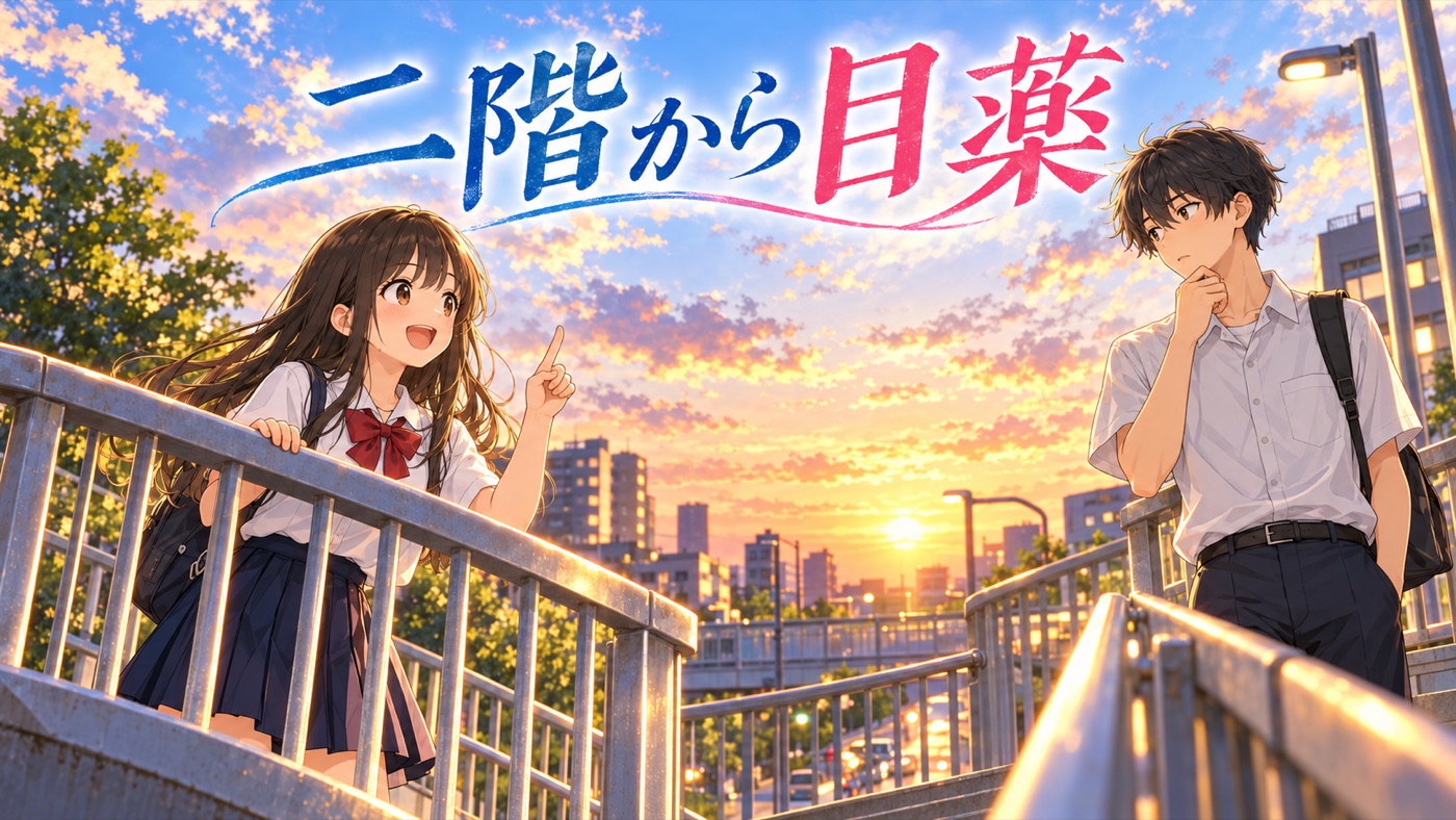 夕方の歩道橋でことわざについて話す春と悠