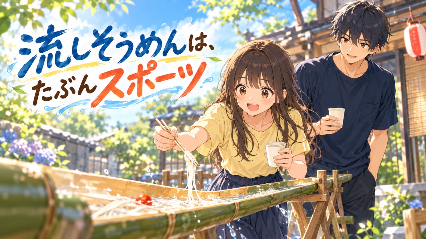 竹の流しそうめんで麺をすくう春と見守る悠｜流しそうめんは、たぶんスポーツ