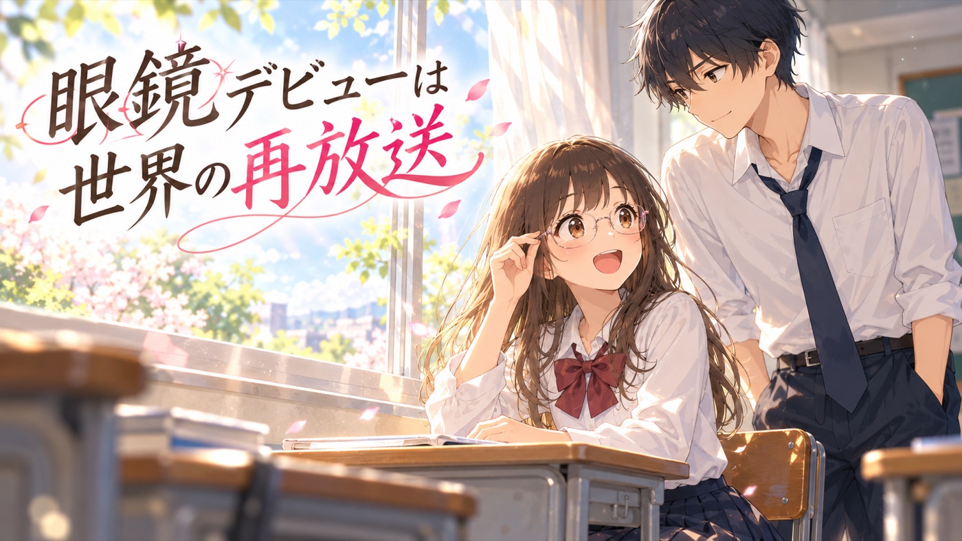 朝の教室で伊達眼鏡をかける春と見守る悠