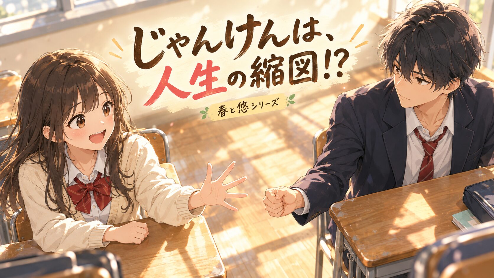 放課後の教室で春がパー、悠がグーを出してじゃんけんをする場面