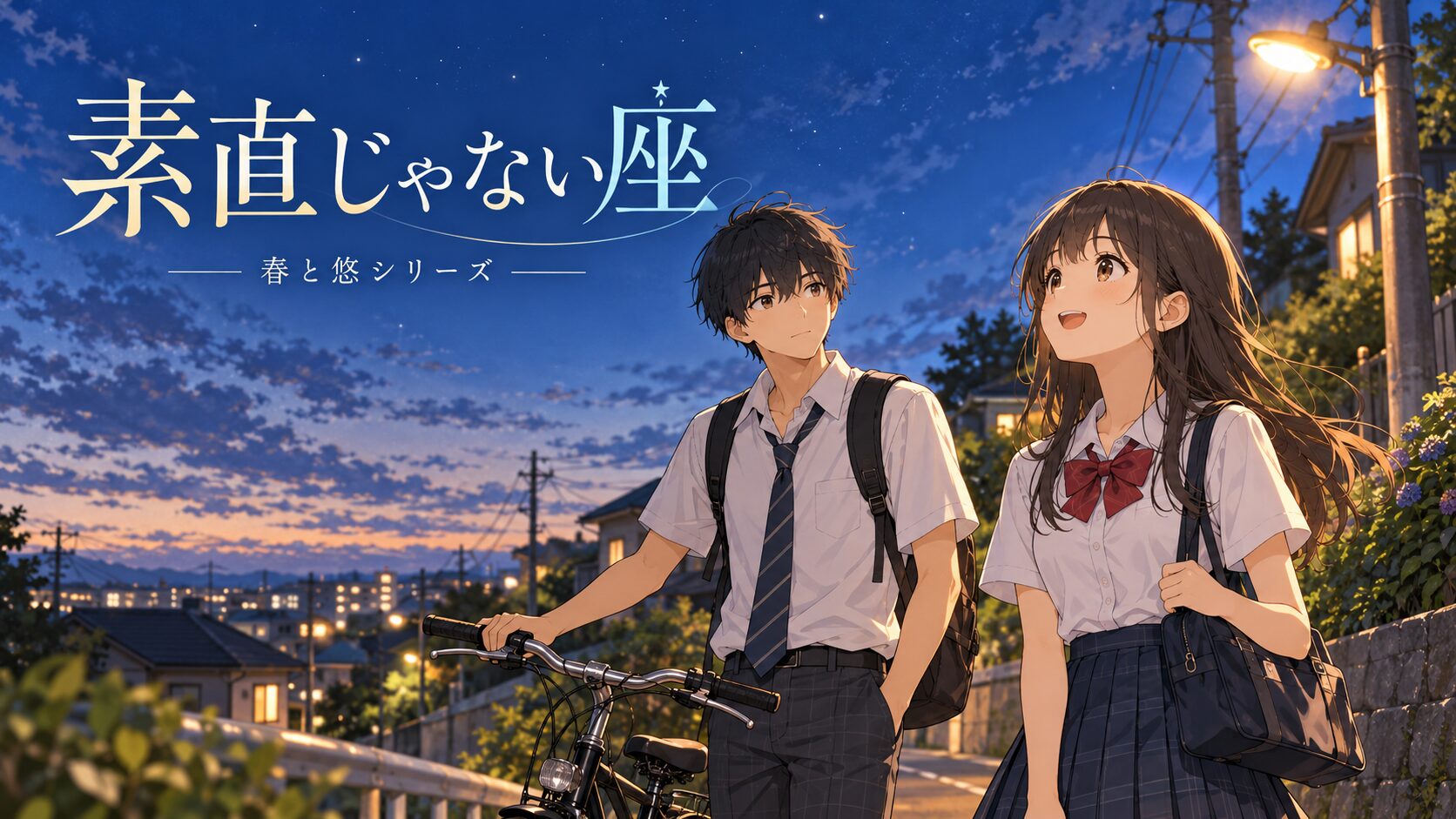 六月の夜道で星を見上げる春と、自転車を押して立ち止まる悠