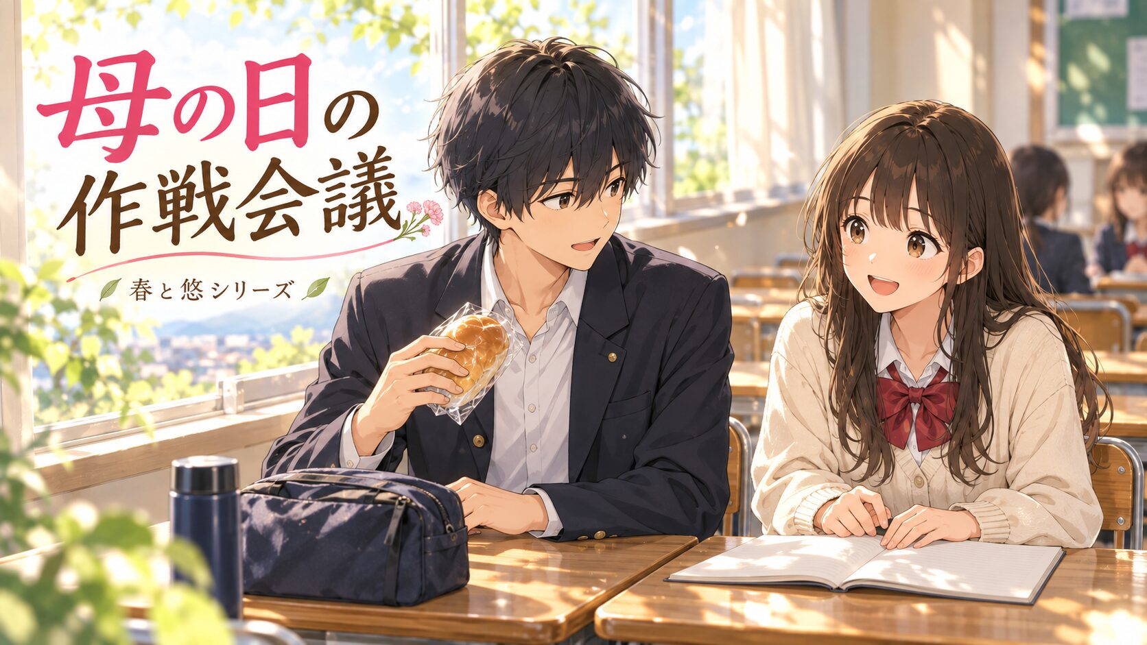 昼休みの教室で母の日の計画を話す春と、パンを手に聞く悠