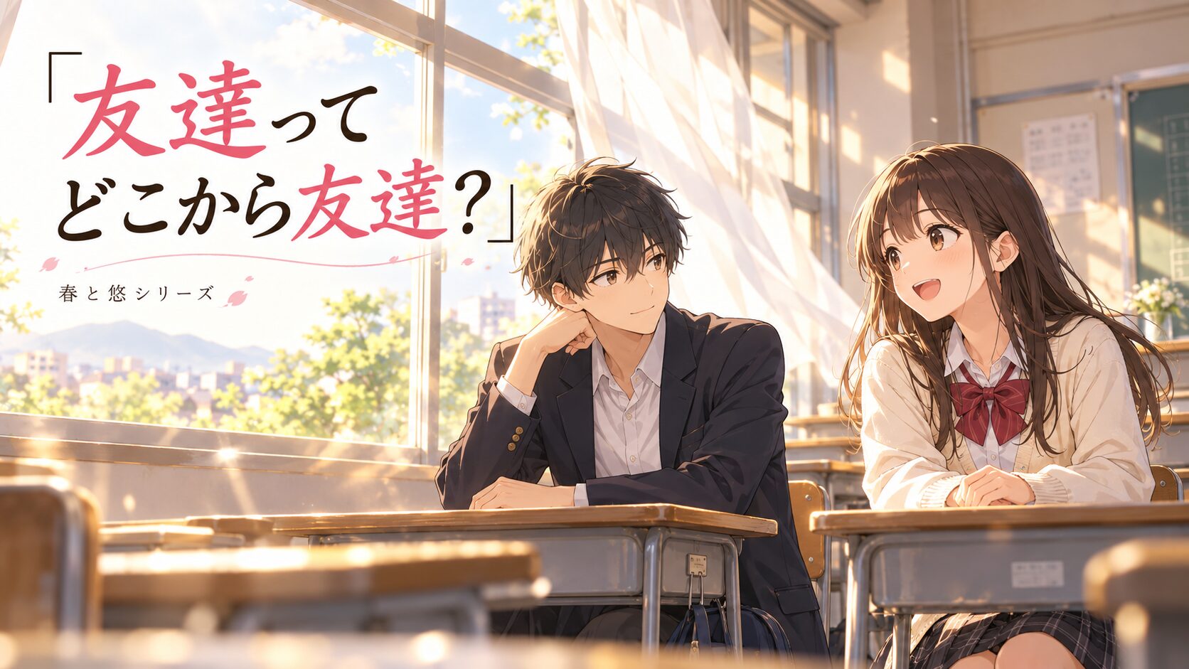 放課後の教室で隣の席から気軽に話す春と悠