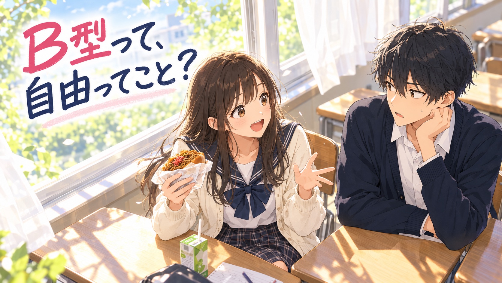 教室の昼休みに焼きそばパンを持って話す春と、話を聞く悠