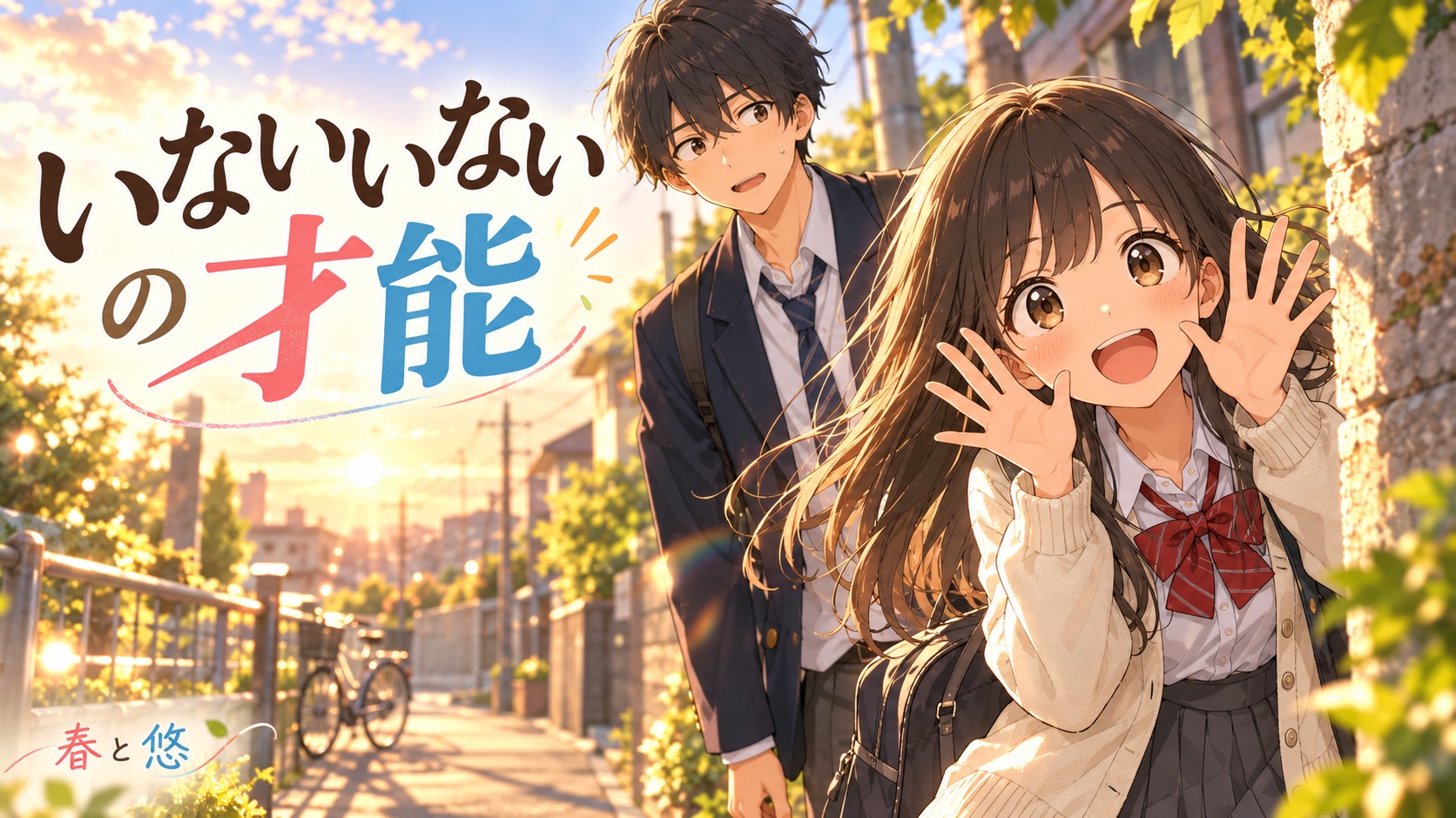 夕暮れの帰り道でいないいないばあをする春と驚く悠