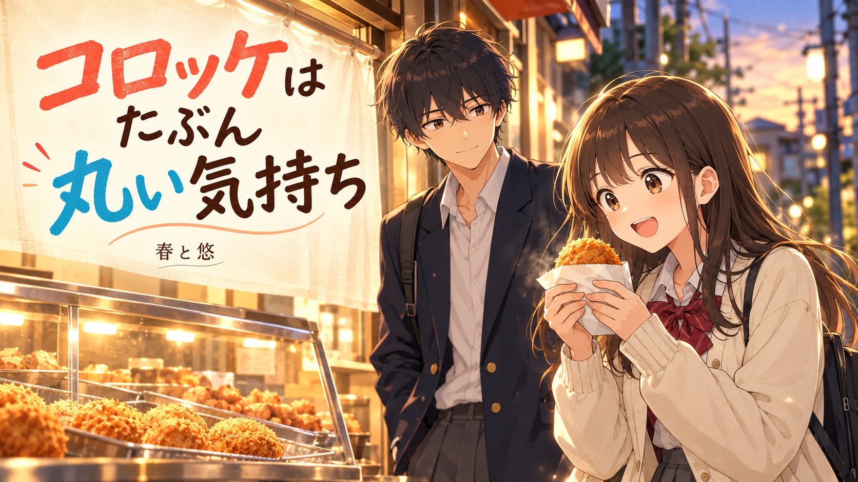 夕暮れの商店街で揚げたてのコロッケを楽しむ春と悠