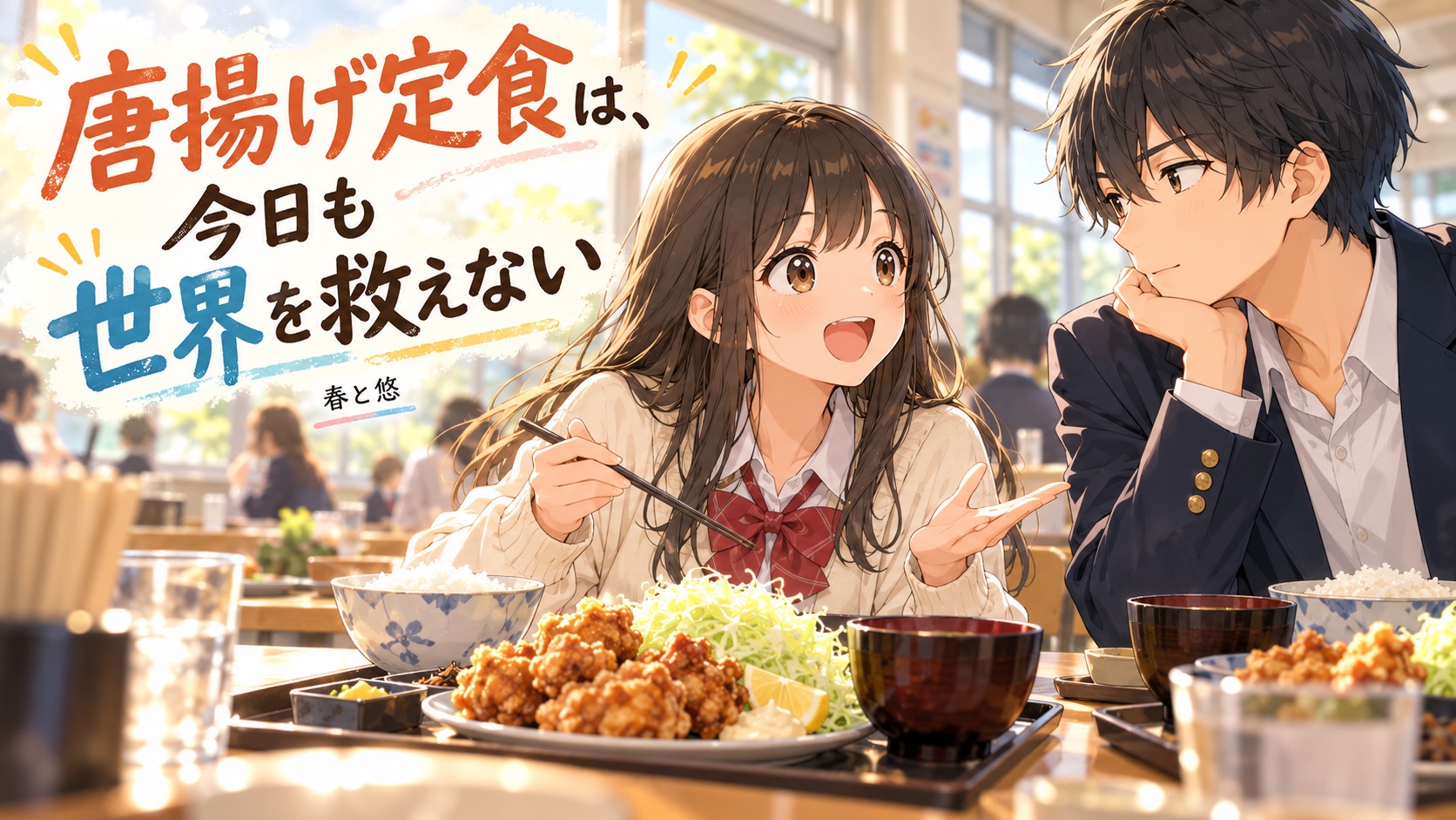 食堂で唐揚げ定食を前に話す春と悠