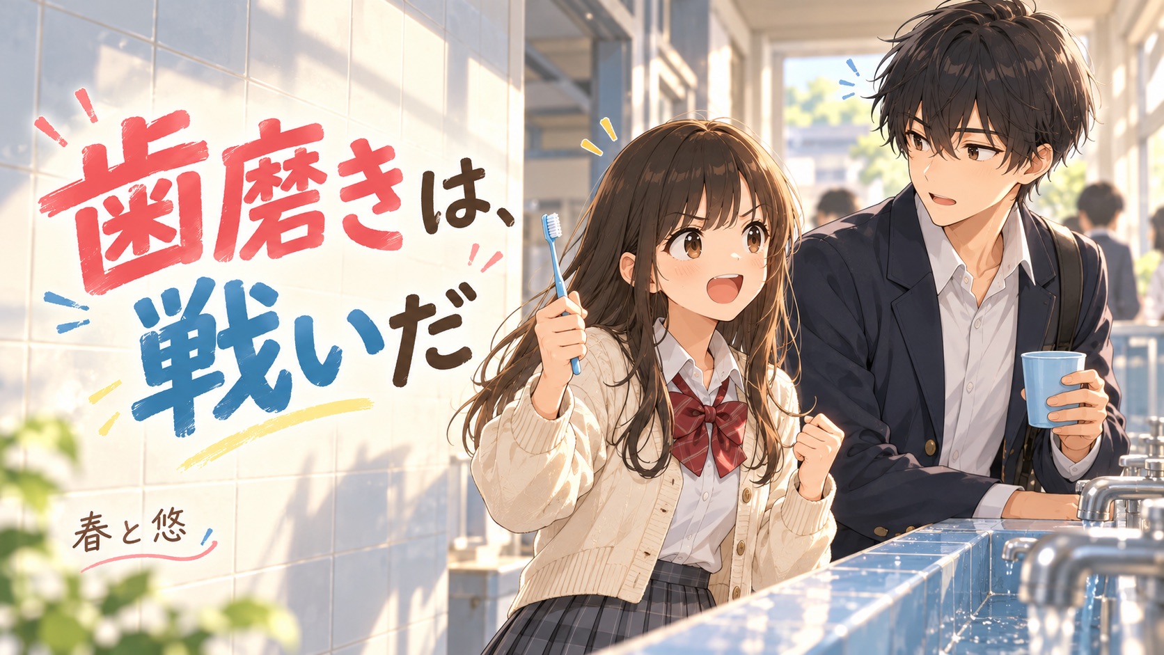 学校の洗面台で歯ブラシとコップを持つ春と悠
