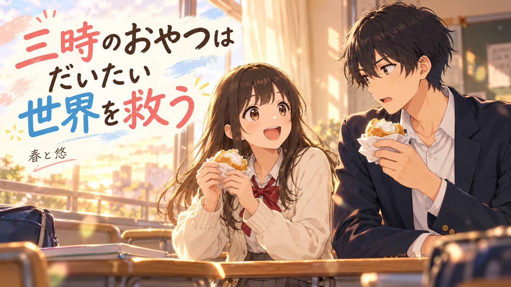 放課後の教室でクリームパンを半分ずつ食べる春と悠