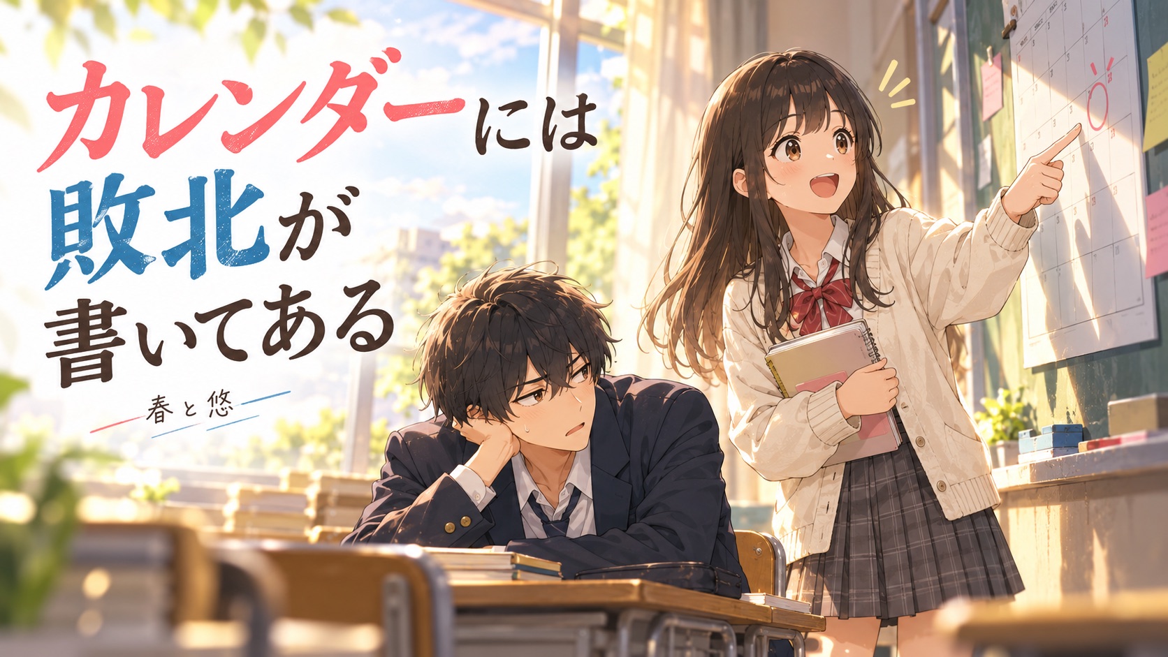教室のカレンダーを指す春と机で話を聞く悠