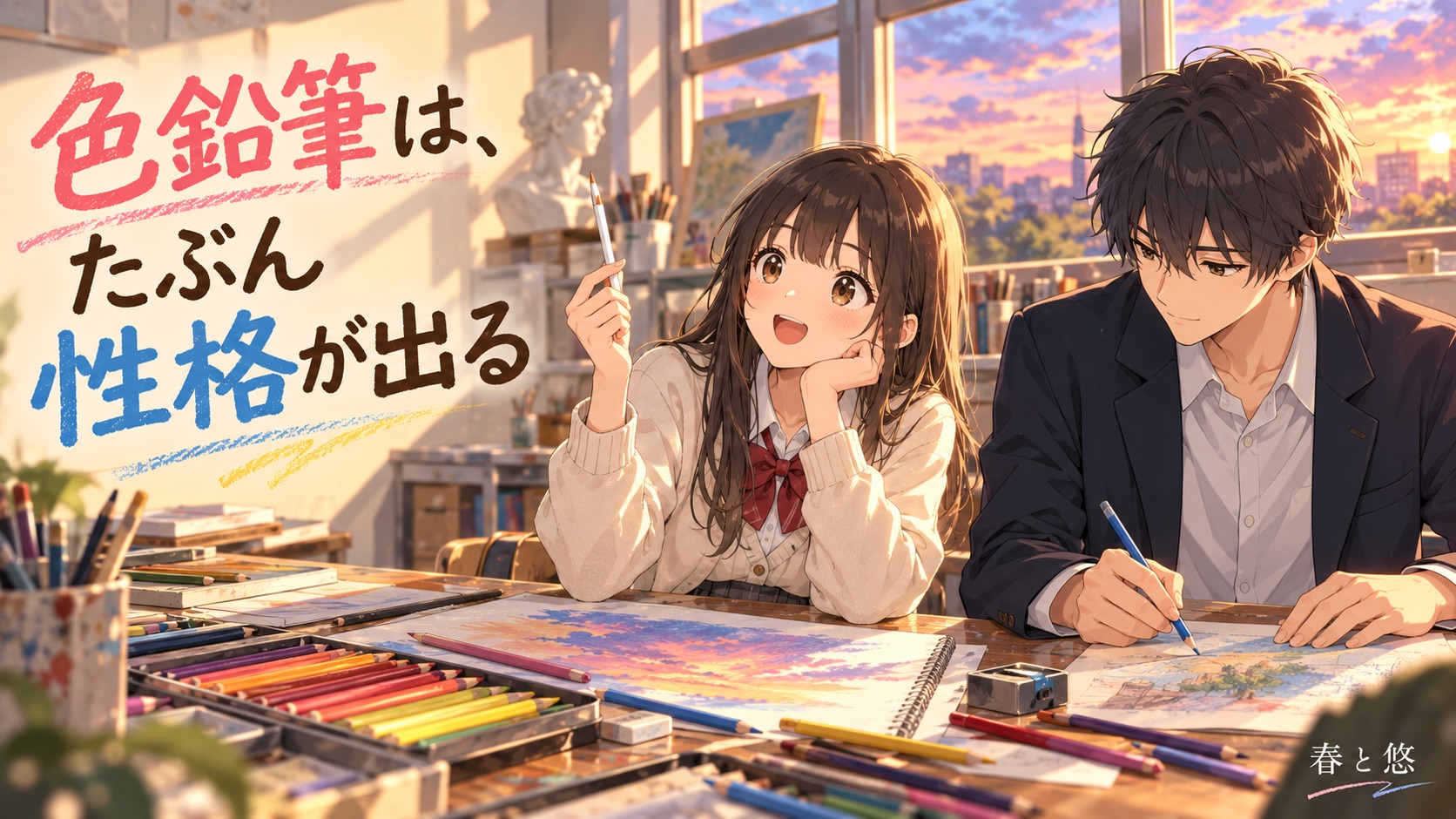 美術室で白い色鉛筆を見つめる春と風景画を描く悠