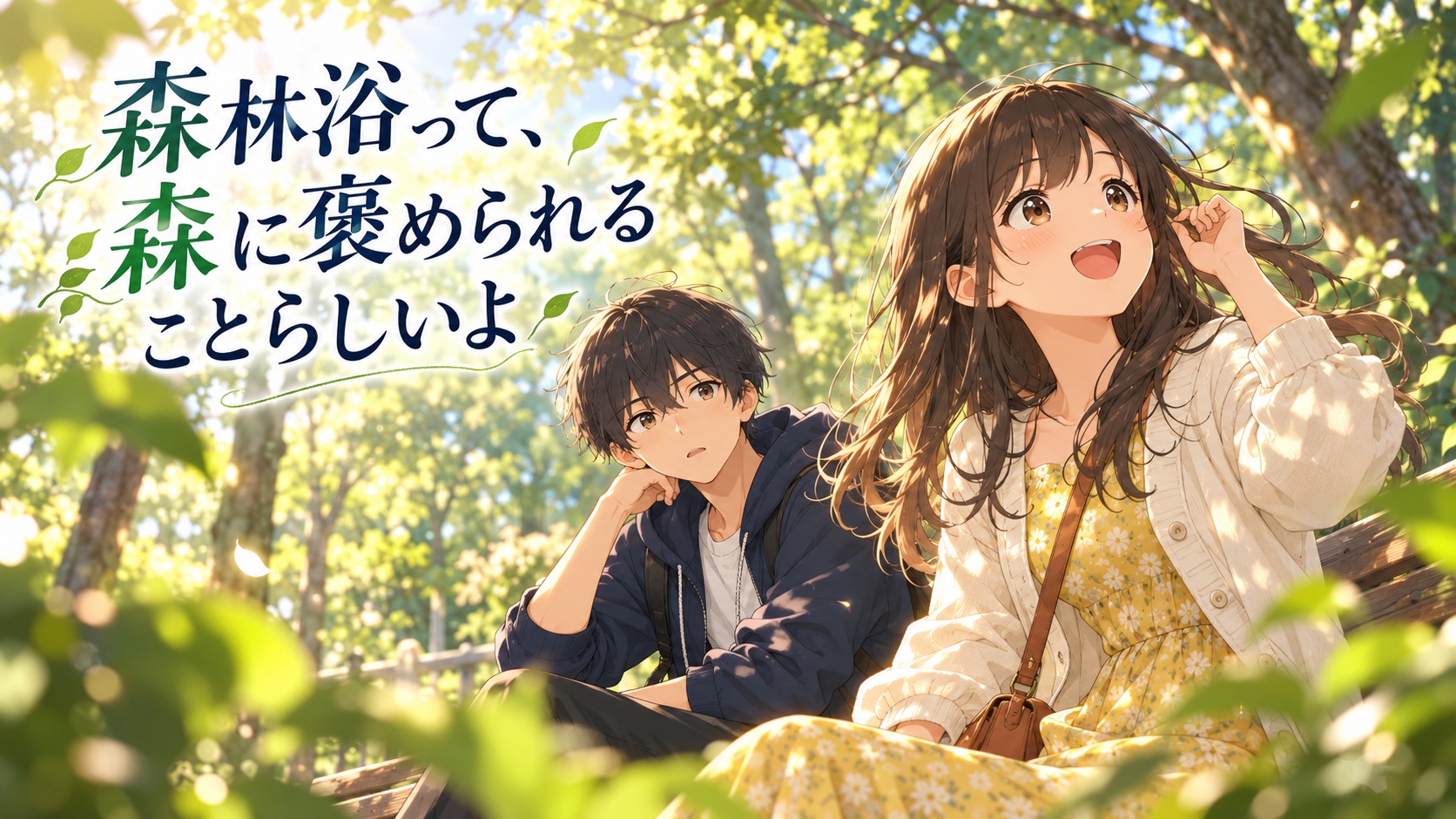 公園の木漏れ日の下で風を楽しむ春と、ベンチで話を聞く悠