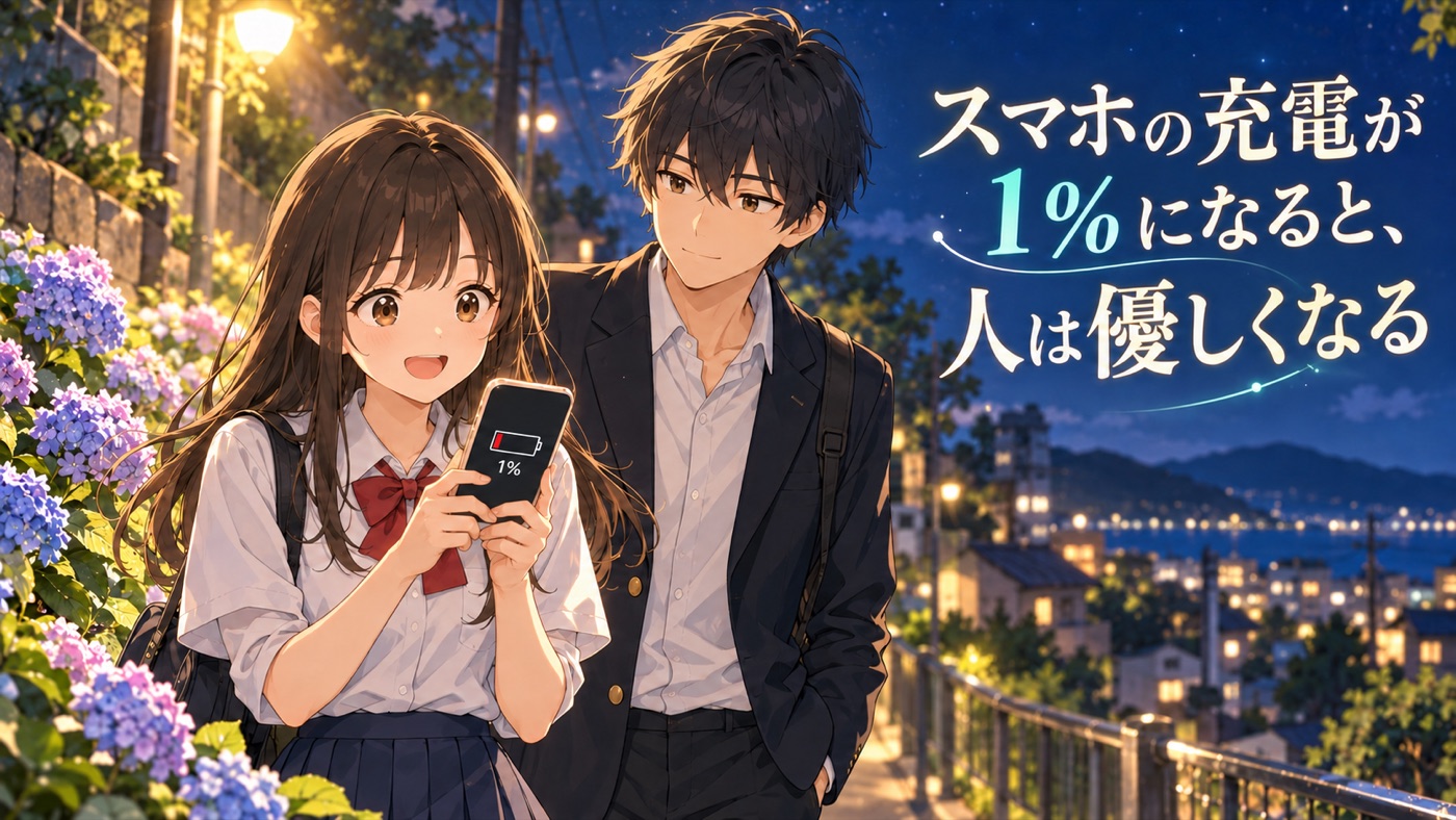 夜の帰り道で充電1％のスマホを持つ春と悠｜スマホの充電が1％になると、人は優しくなる