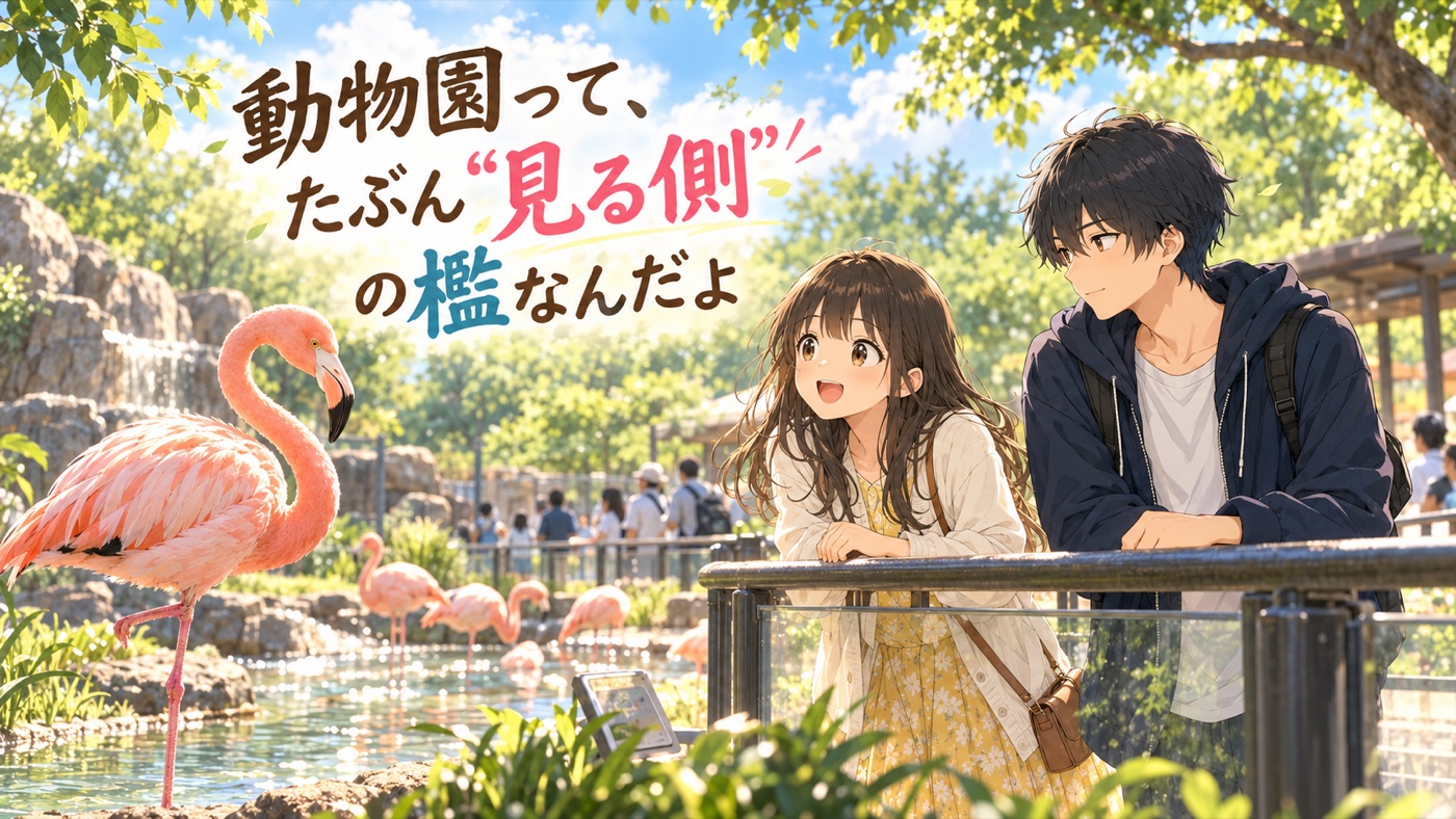 フラミンゴのいる展示側から見た春と悠｜動物園って、たぶん“見る側”の檻なんだよ