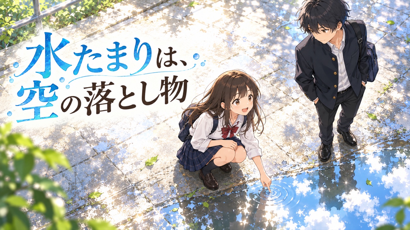 朝の歩道で水たまりに指を触れる春と見守る悠｜水たまりは、空の落とし物