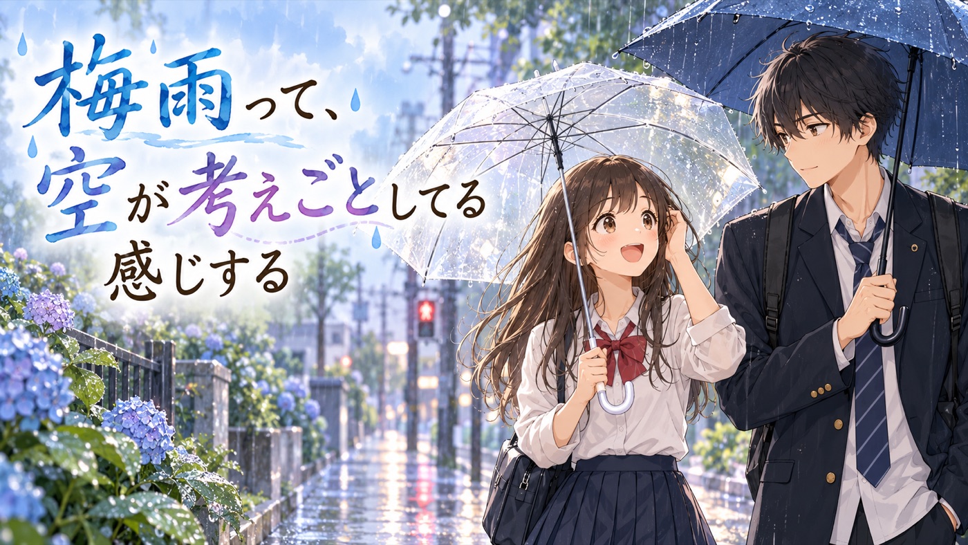 雨の歩道でそれぞれの傘を持つ春と悠｜梅雨って、空が考えごとしてる感じする