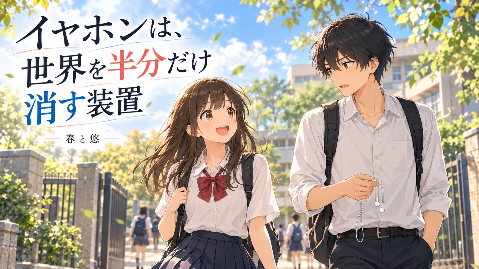 イヤホンを手に持ち、通学路で会話する春と悠