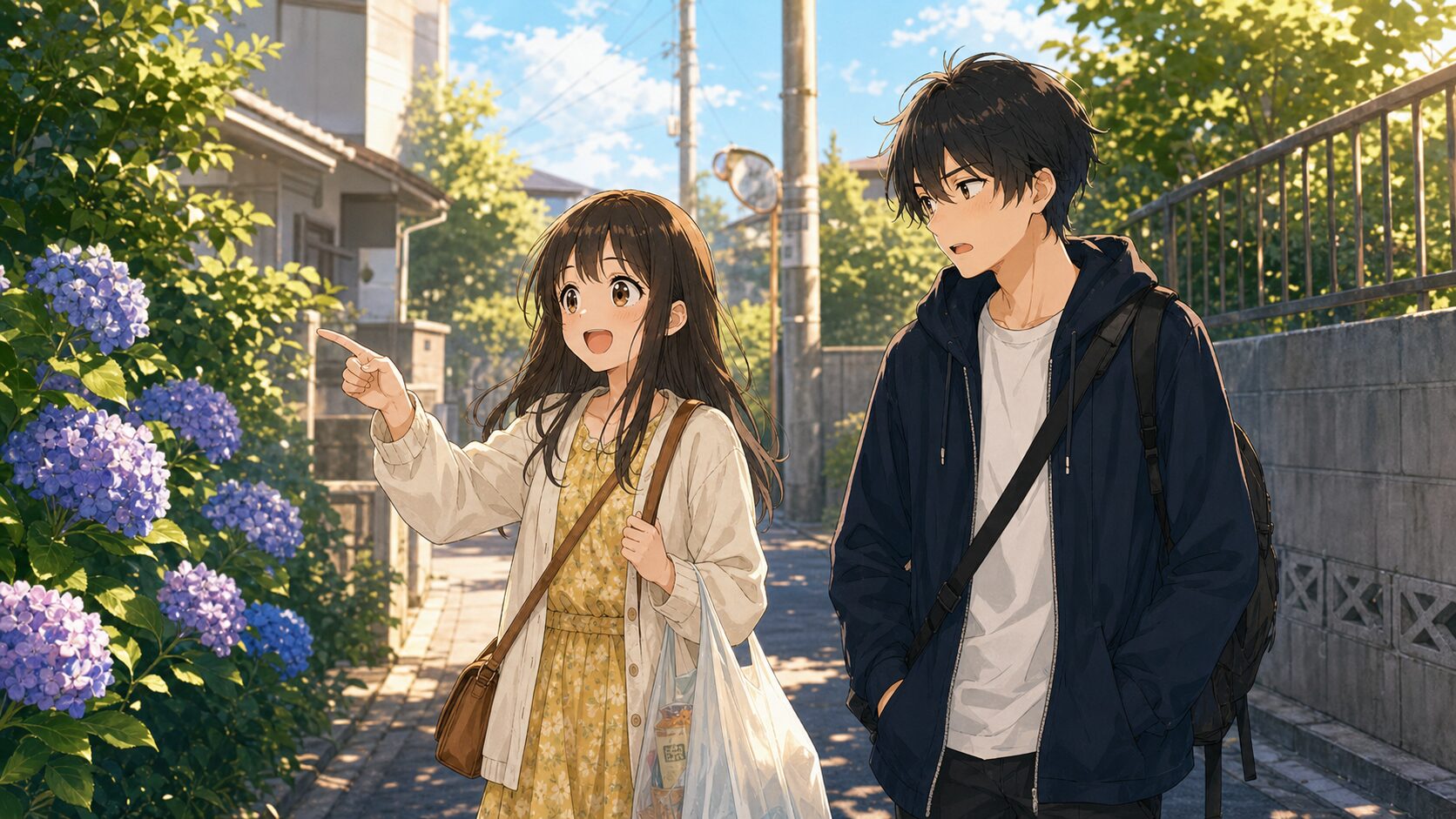放課後の住宅街を歩きながら日常の小さな発見について話す春と悠