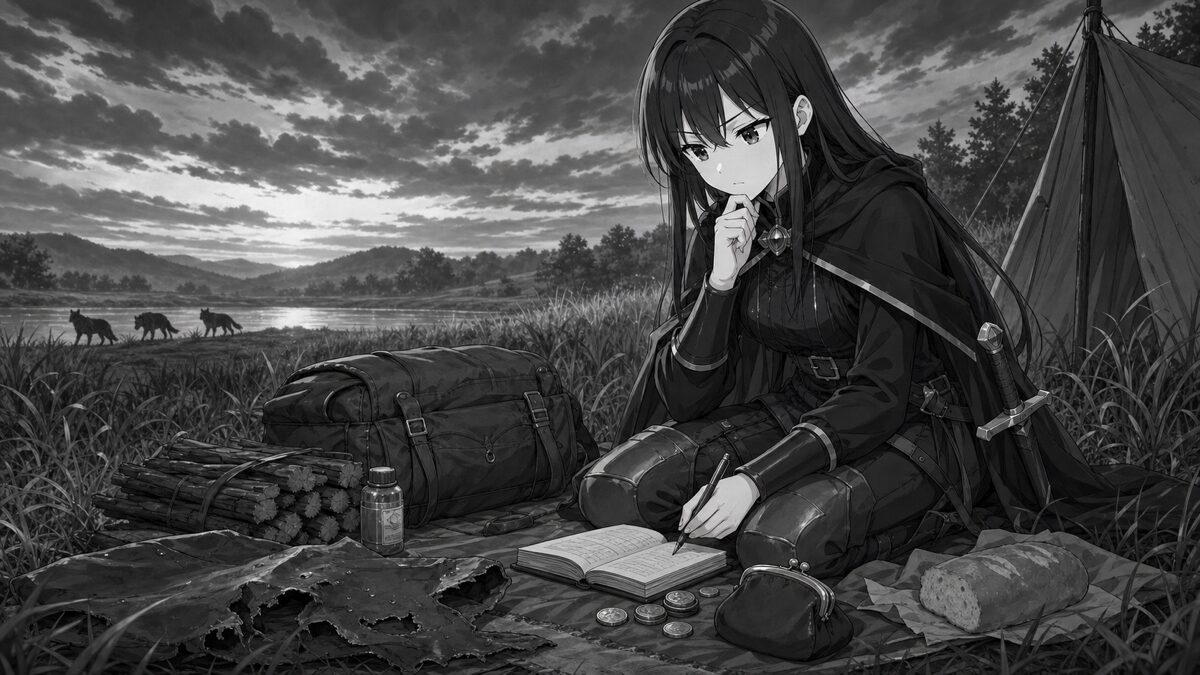 野宿費用を手帳で計算する女勇者フェルミノ
