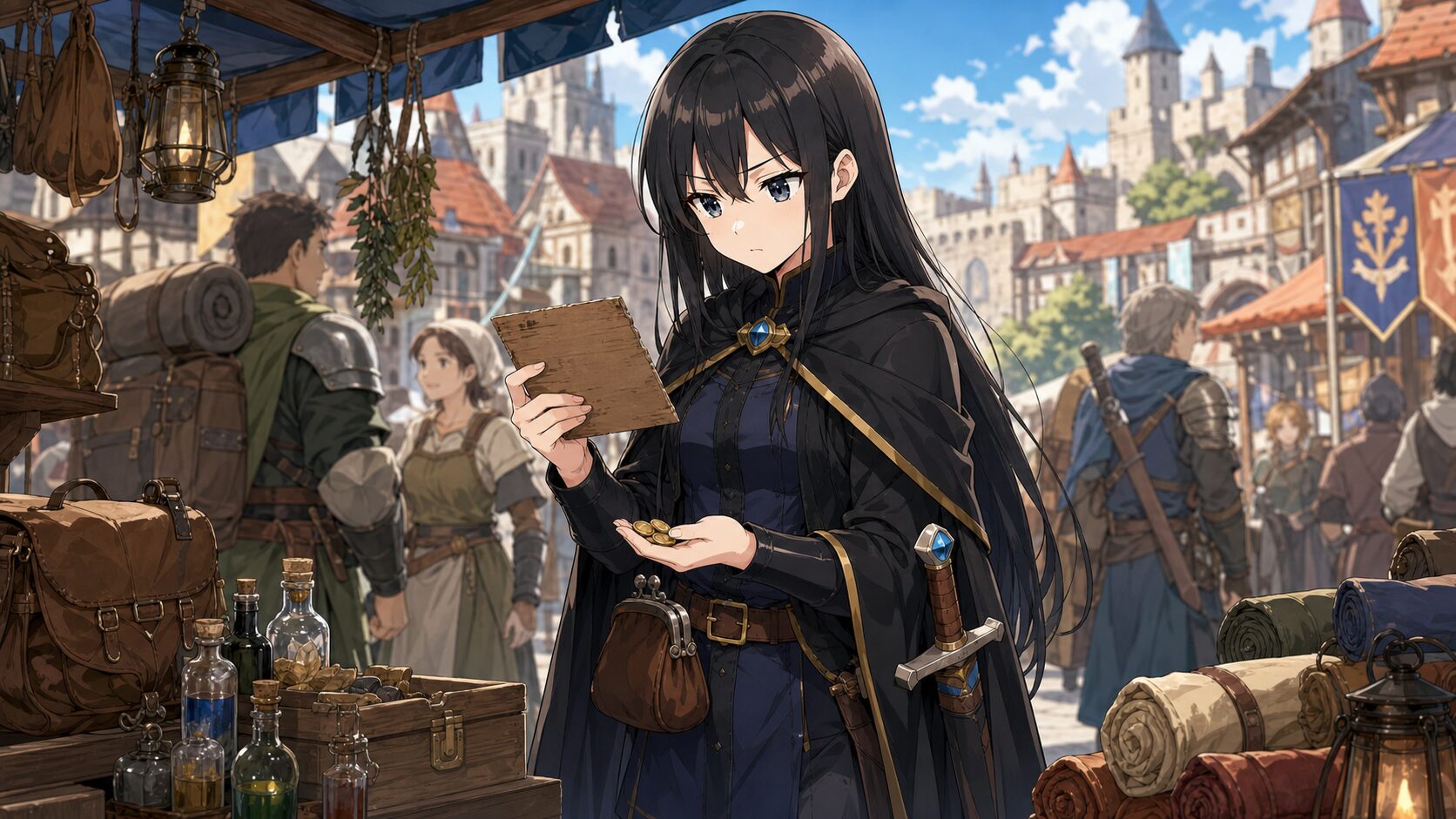 ファンタジーの市場で旅の費用と硬貨を慎重に比べる女勇者フェルミノ