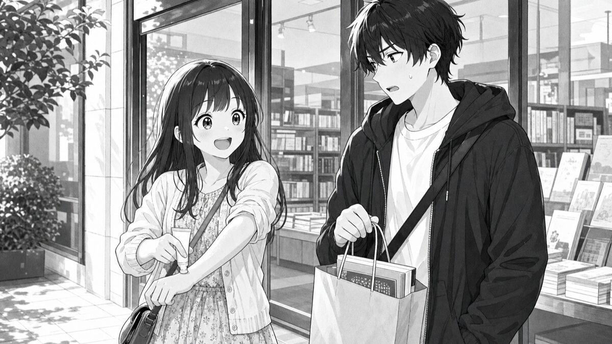 書店の前で日焼け止めを塗り直す春と、参考書を持つ悠