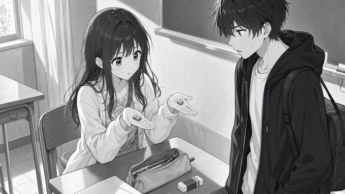 二つの小さな消しゴムを見比べる春と悠