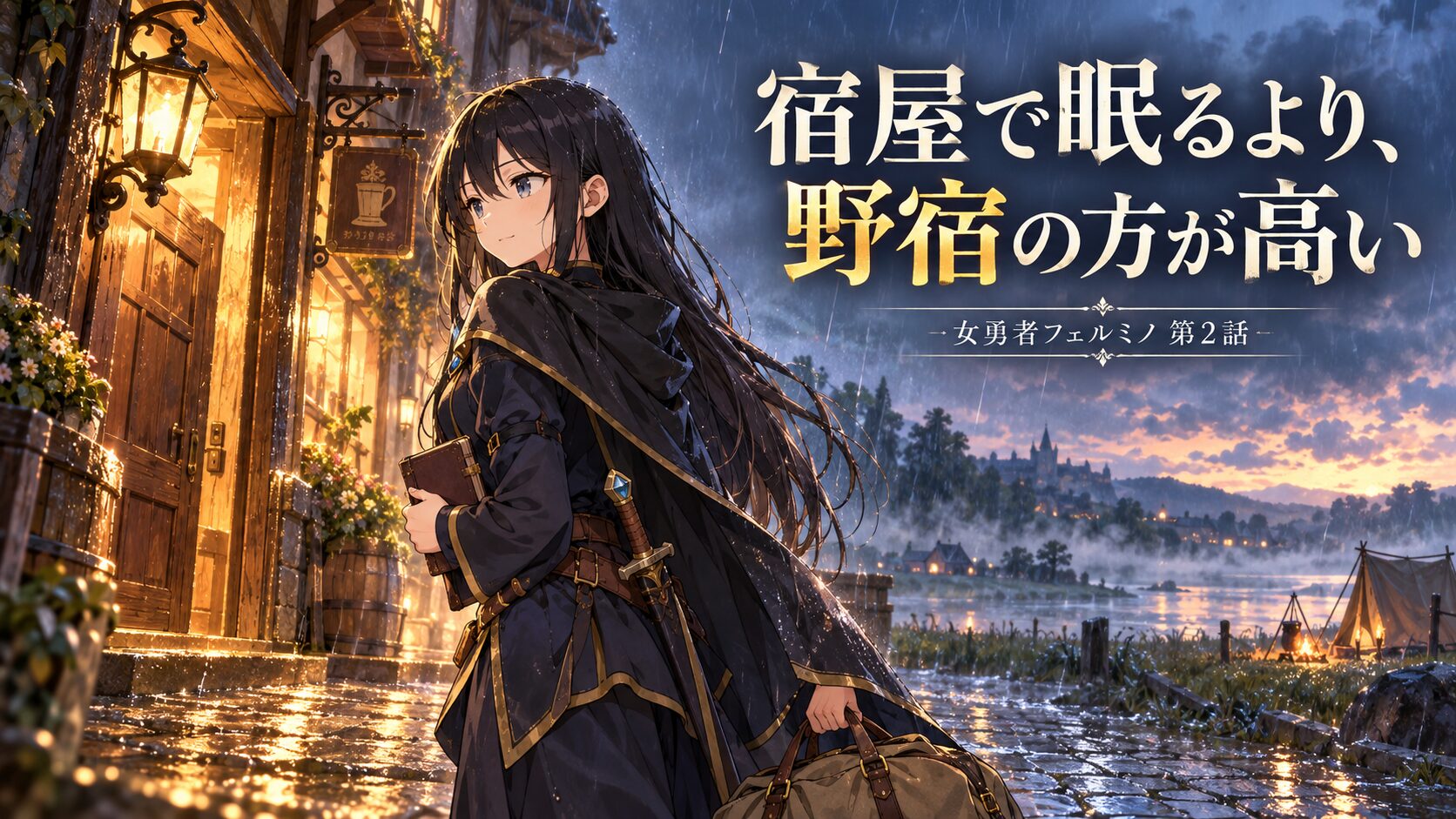 雨の夕方、野宿の費用を考えて暖かな宿へ戻る黒髪のフェルミノ