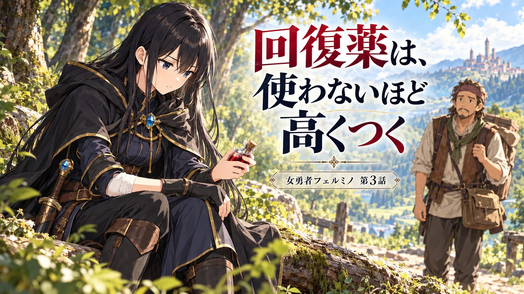 森の街道で回復薬と左腕の包帯を確かめる黒髪のフェルミノ