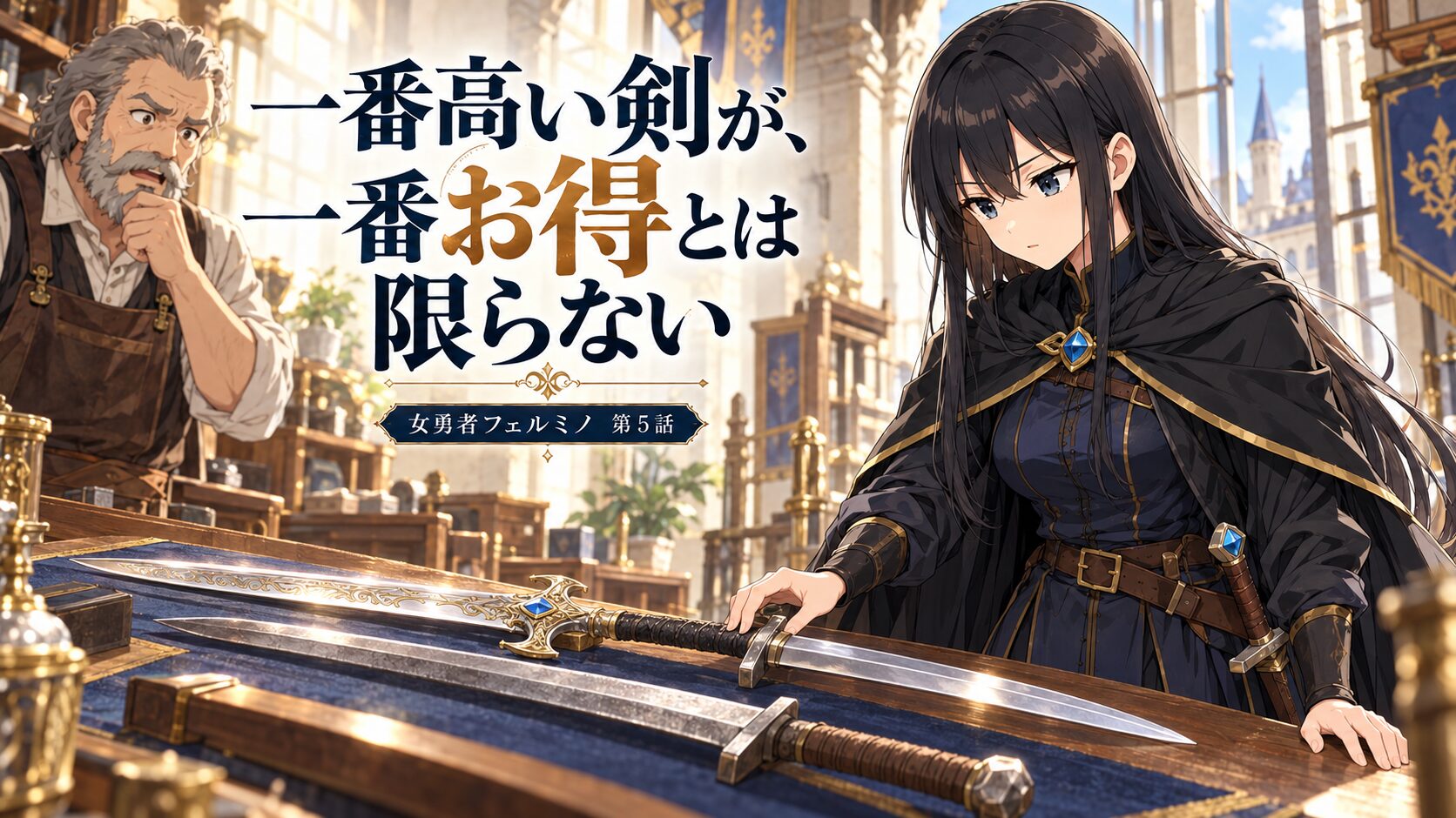 武器屋で三本の剣を比較する黒髪のフェルミノ