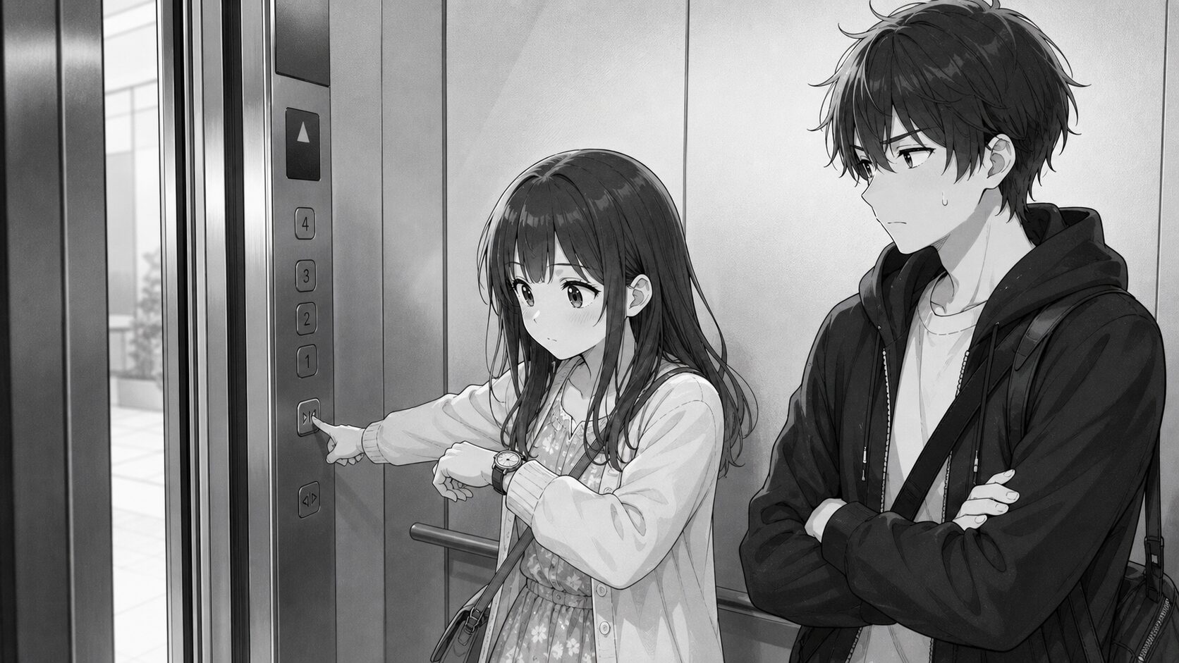 エレベーターの閉ボタンを計測する春と悠