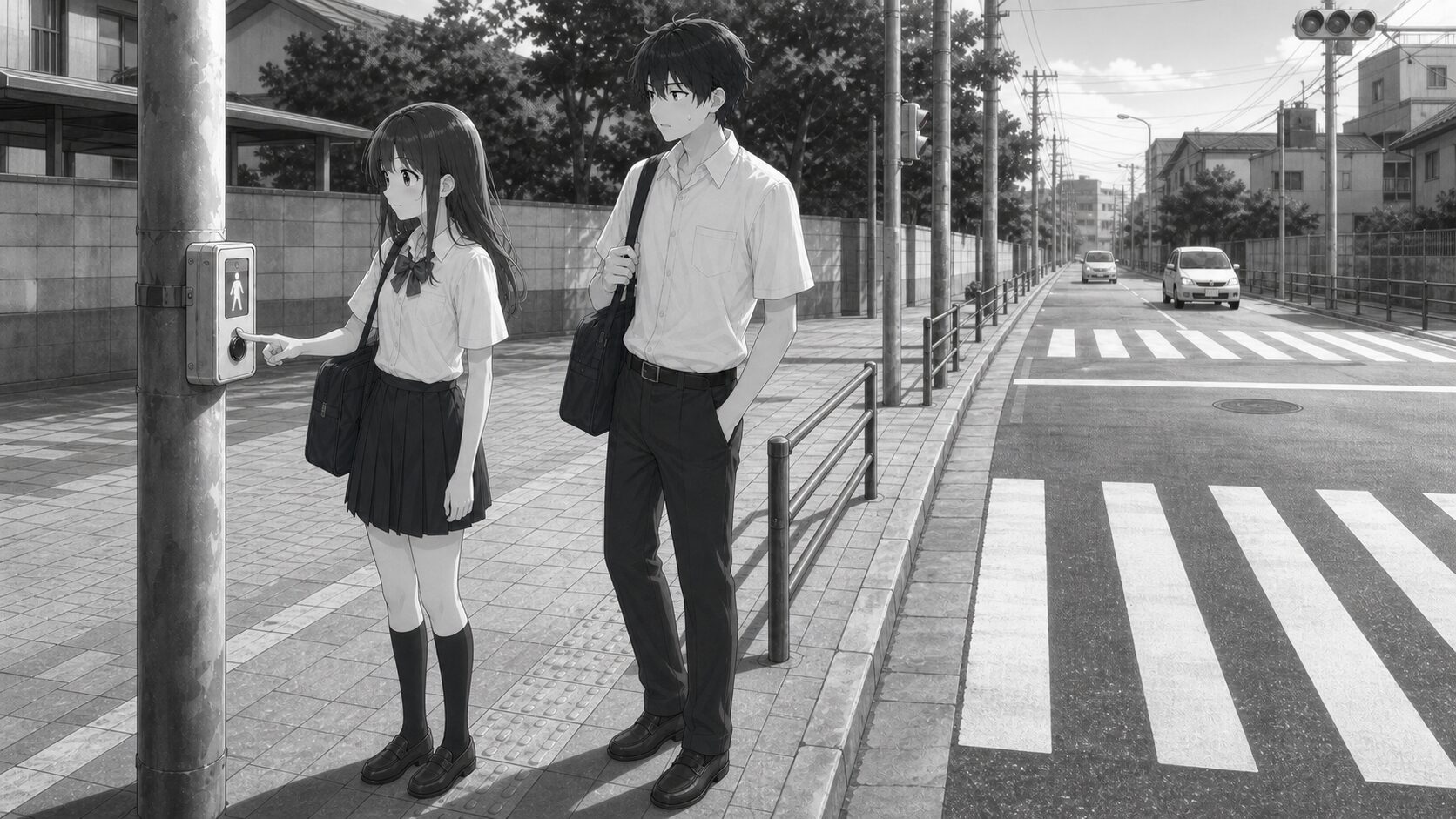 歩道側から押しボタン式信号のボタンを押す春と見守る悠