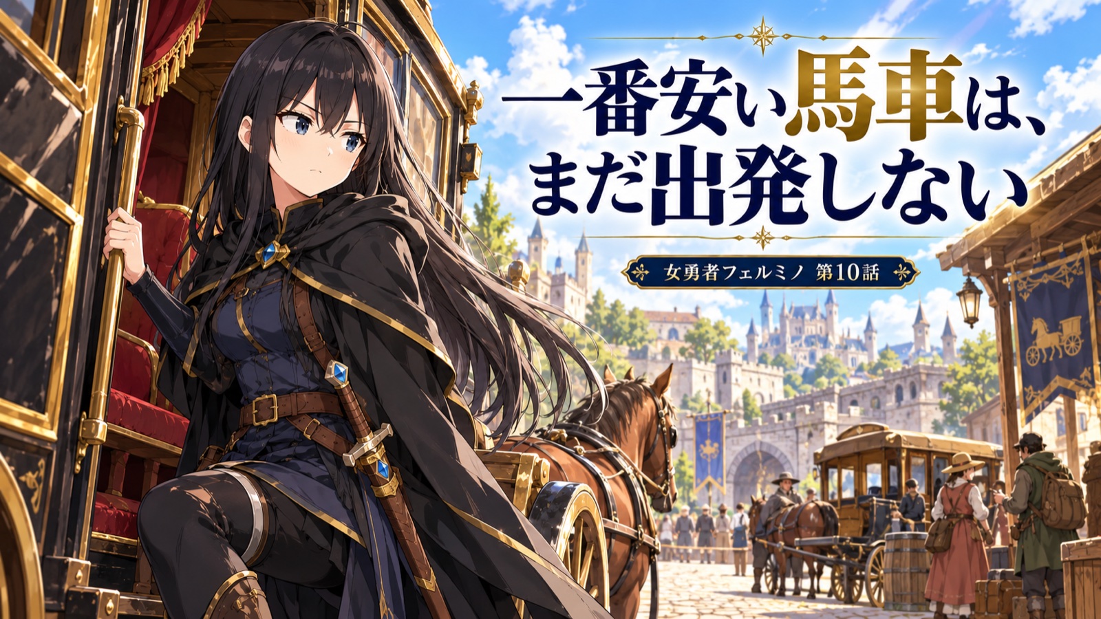 女勇者フェルミノ第10話の表紙。【女勇者フェルミノ 第10話】一番安い馬車は、まだ出発しない