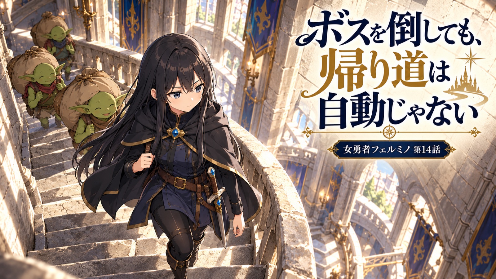 女勇者フェルミノ第14話の表紙。【女勇者フェルミノ 第14話】ボスを倒しても、帰り道は自動じゃない