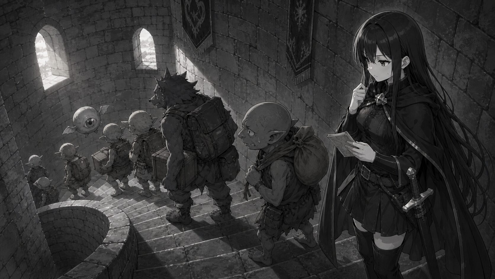塔の階段で荷物を抱えた魔物の列の最後に並ぶ女勇者フェルミノ