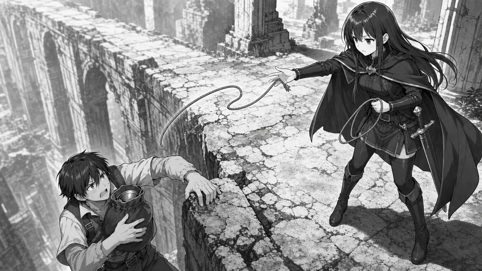 崩れた石橋で若い冒険者へロープを投げる女勇者フェルミノ