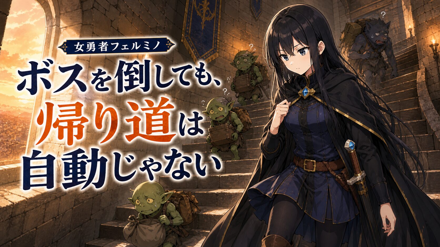 塔の階段を下りながら残された魔物と向き合う黒髪の女勇者フェルミノ