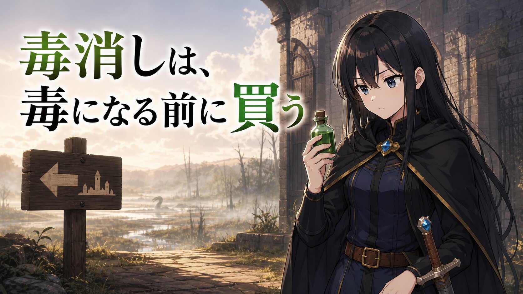 湿地帯の入口で毒消しの小瓶と町までの案内板を見比べる黒髪の女勇者フェルミノ