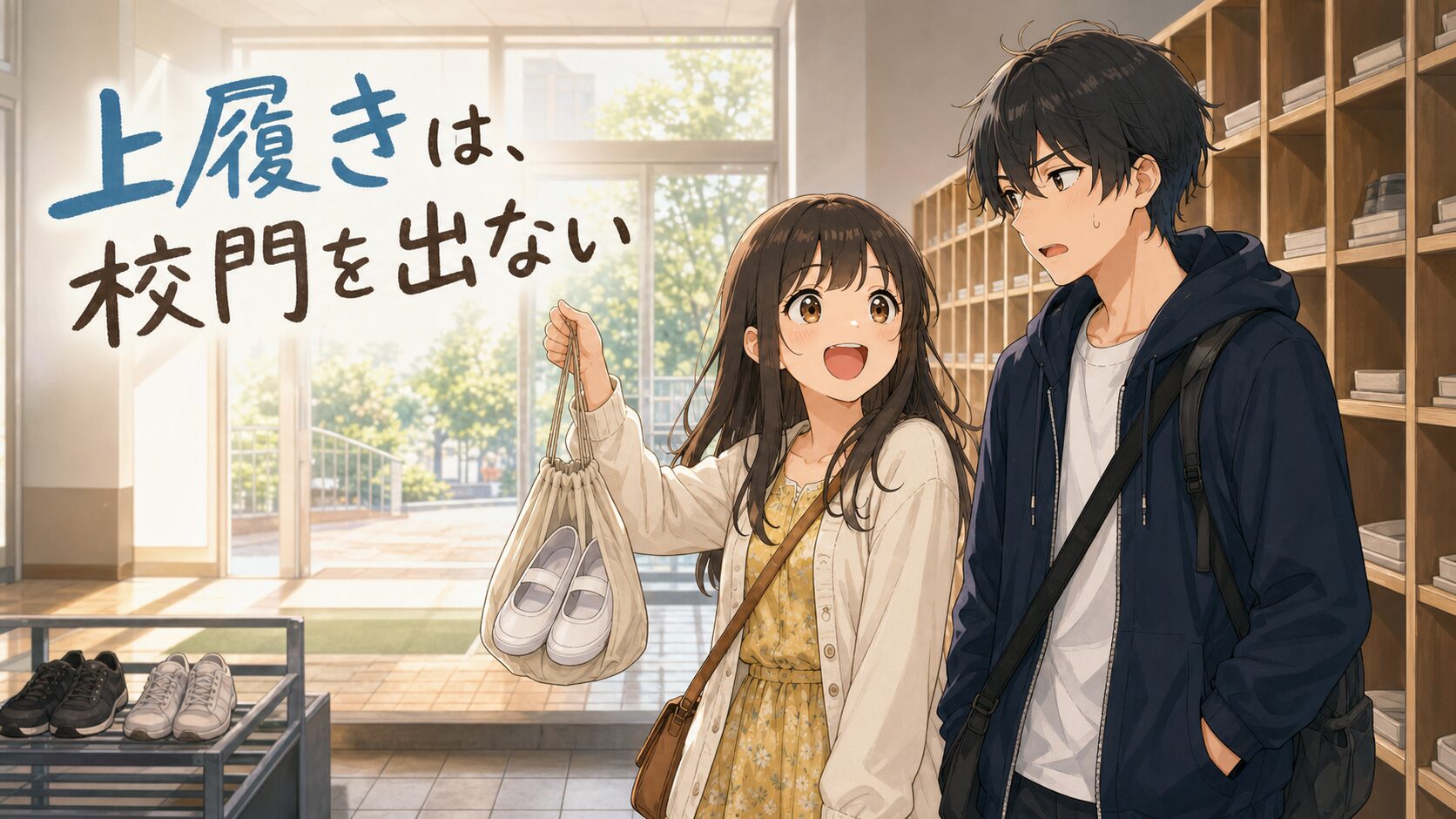 放課後の昇降口で上履きの袋を持つ春と靴箱の前で見守る悠