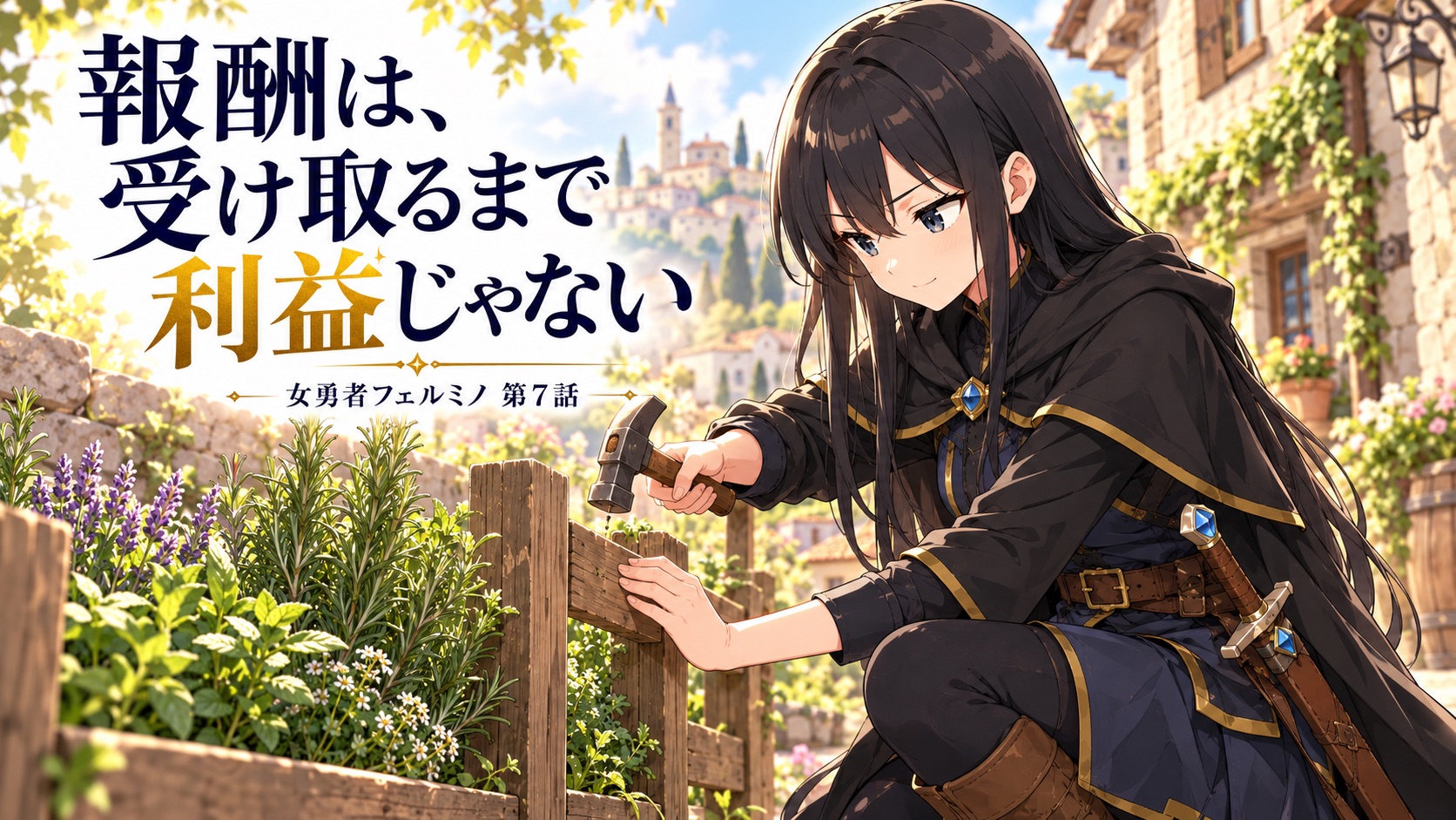 薬草園で板と金槌を使って柵を修理する黒髪のフェルミノ