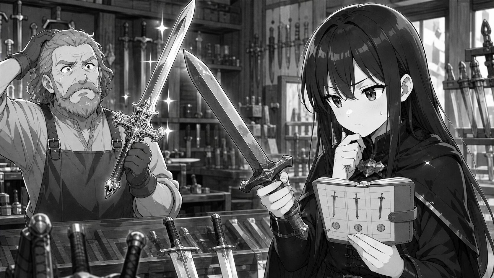 武器屋で剣の価値を見極める女勇者フェルミノ