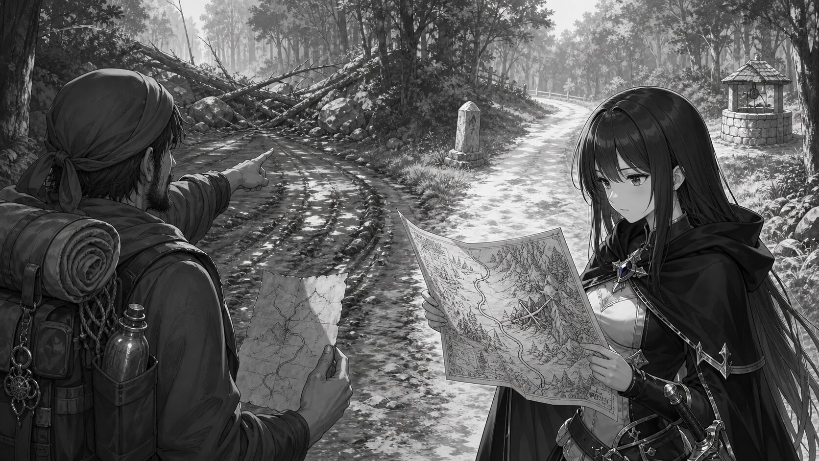 森の分かれ道で地図を比べる女勇者フェルミノ