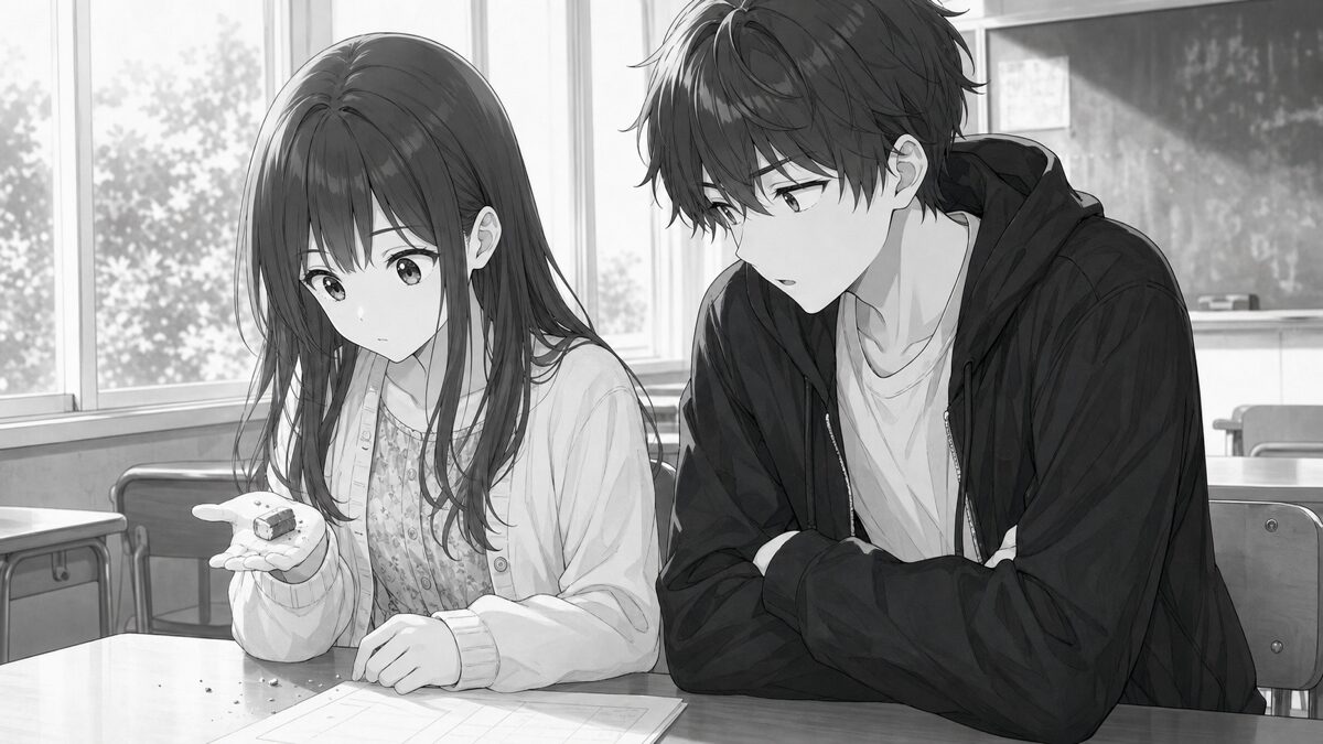 教室で消しゴムを見つめる春と悠