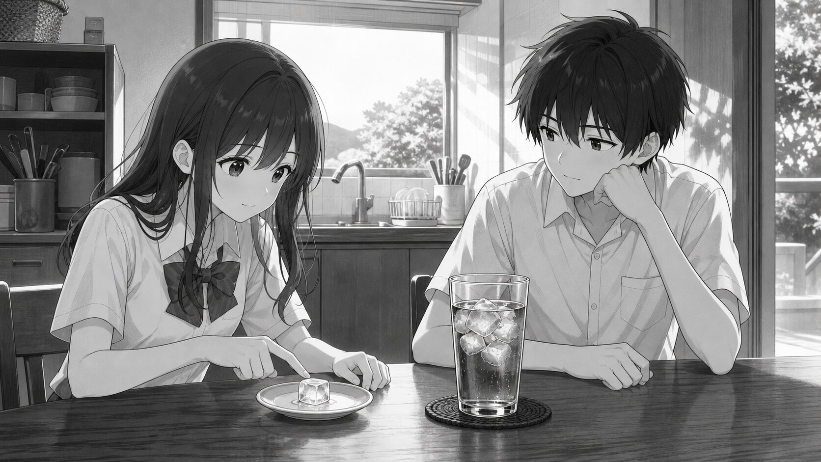 溶けていく氷を観察する春と悠