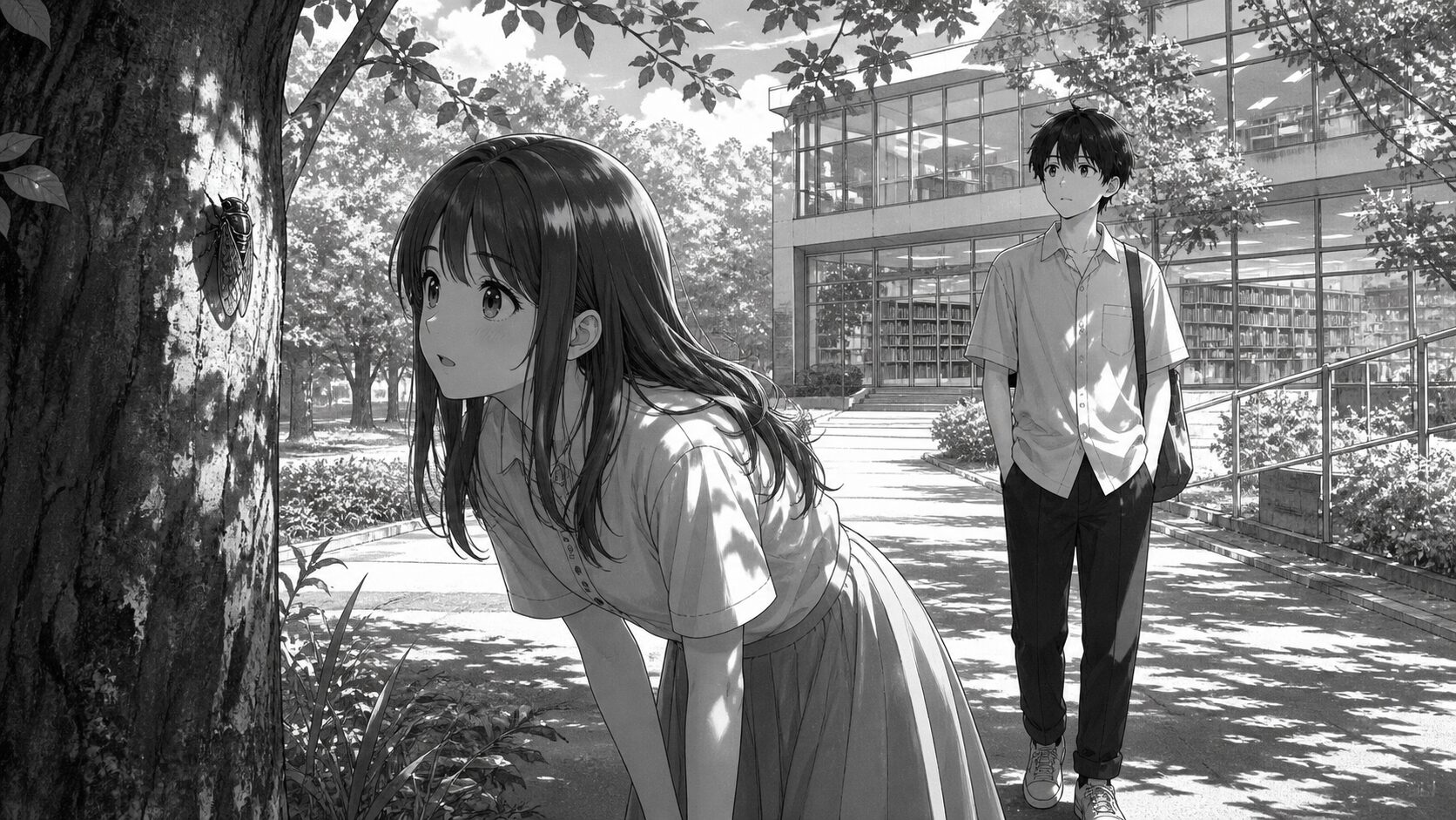 木にとまるセミを見上げる春と悠
