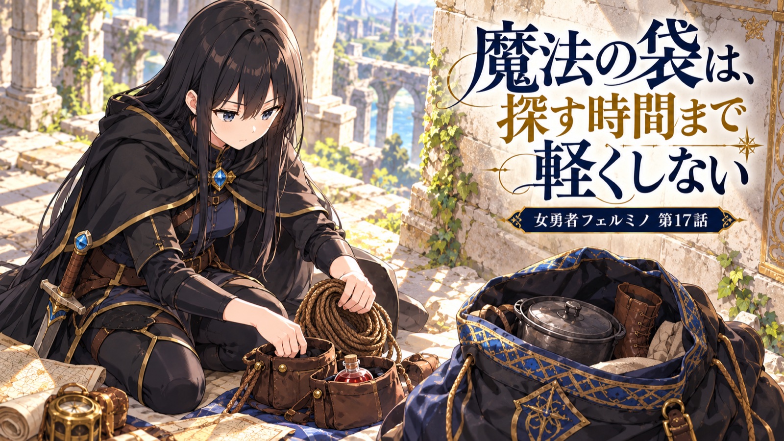 女勇者フェルミノ第17話の表紙。【女勇者フェルミノ 第17話】魔法の袋は、探す時間まで軽くしない