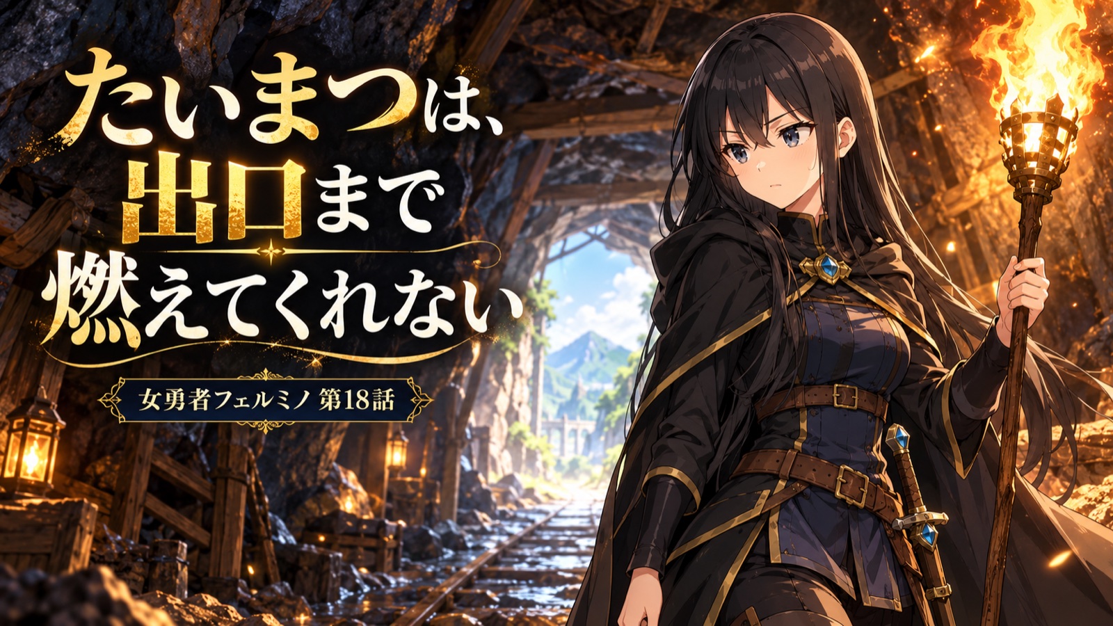 女勇者フェルミノ第18話の表紙。【女勇者フェルミノ 第18話】たいまつは、出口まで燃えてくれない