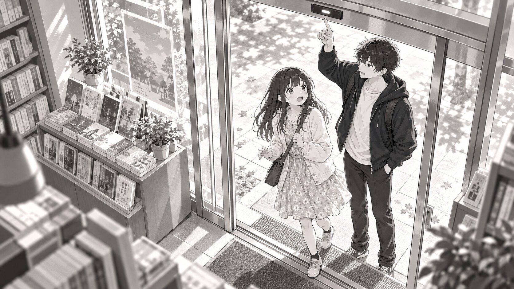 書店内から見た自動ドアの前で春が驚き、悠が上のセンサーを指す。