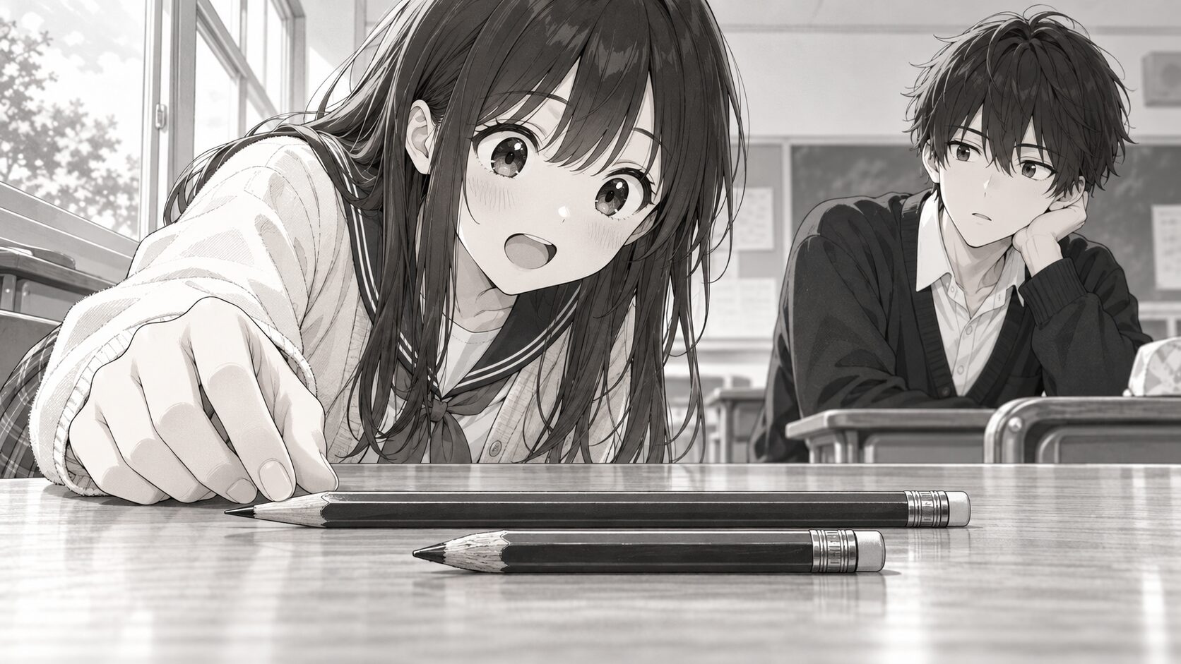 机の上で長さの違う二本の鉛筆を並べて比べる春と悠