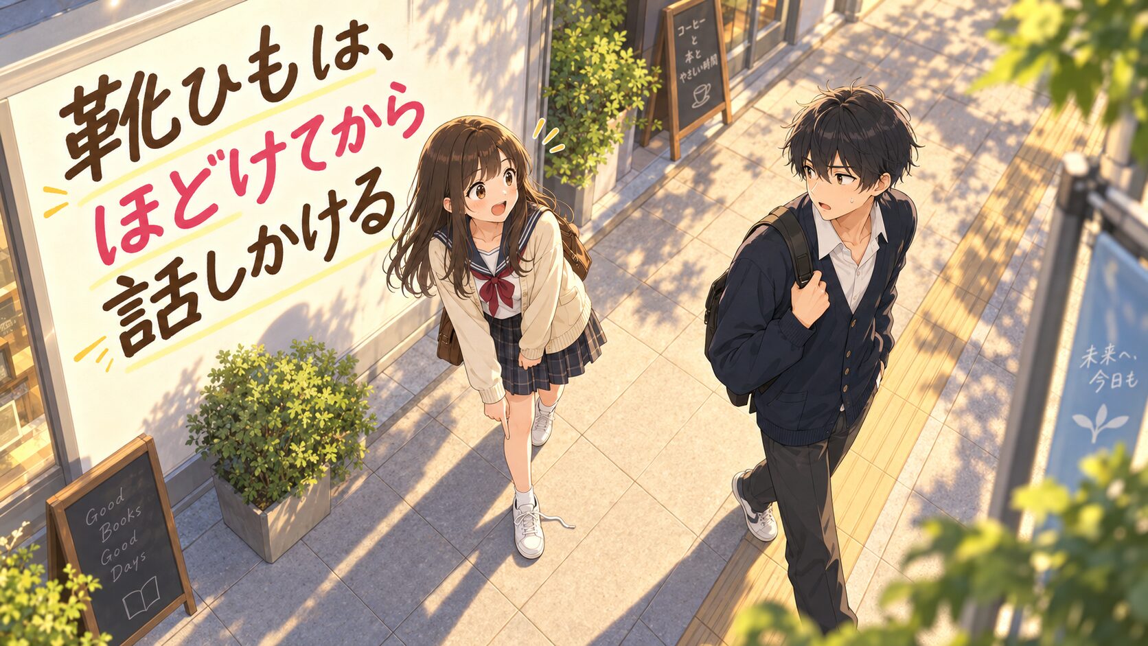 夕方の歩道でほどけた靴ひもを見せる春と、少し先から振り返る悠